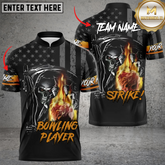Maxcorners Skull Fire Flame US Flag Bowling Jersey For Team Multicolor Option Customized Name, Team Name 3D Polo Shirt