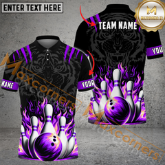 Maxcorners Tiger Ball Fire Bowling Jersey Multicolor Option Customized Name, Team Name 3D Polo Shirt