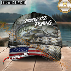 Maxcorners Stripped Bass Fishing Skinfish Flag Of United States Pattern Multicolor Personalized Name 3D Cap