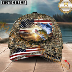Maxcorners Walleye Fishing Sunset Flag Of United States Camo Pattern Multicolor Personalized Name 3D Cap