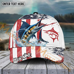 Maxcorners Marlin Fishing Red Blue Seawwave American Flag Pattern Sport Pattern Personalized Name 3D Cap MT173