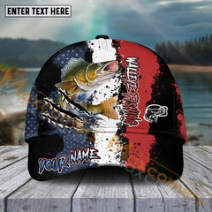 Maxcorners Walleye Fishing Paint Scratch American Flag Pattern Sport Pattern Personalized Name 3D Cap MT173