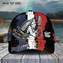 Maxcorners Marlin Fishing Paint Scratch American Flag Pattern Sport Pattern Personalized Name 3D Cap MT173