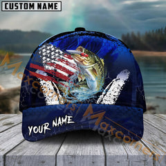 Maxcorners Bass Fishing Dark Blue Scratch American Flag Pattern Sport Pattern Personalized Name 3D Cap MT173