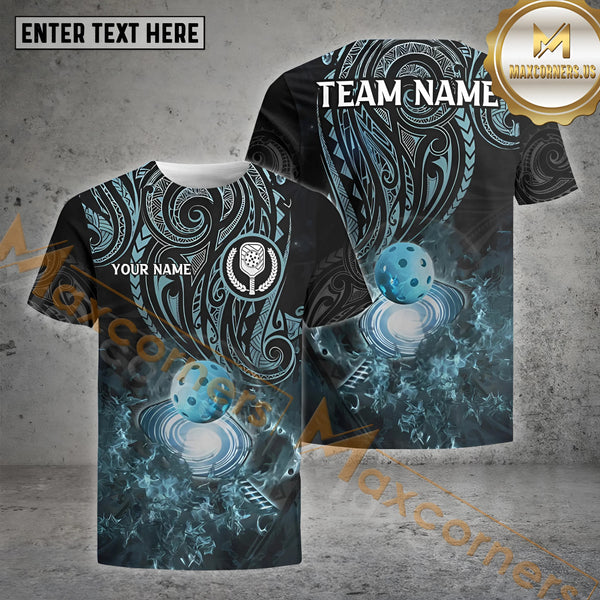 Maxcorners  Personalized Name and Team name Black And Blue Tribal Pickleball 3D Shirt