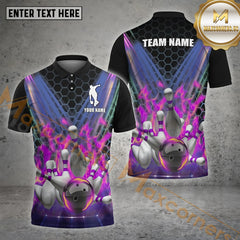 Maxcorners Bowling Shirt Flame Pin Hexagon Style Multicolor Options Personalized Name, Team Name 3D Shirt