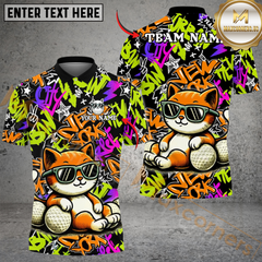 Maxcorners Cool Cat Swing Golf Polo Shirt, Customized Name & Team Name 3D Shirts (4 Colors)