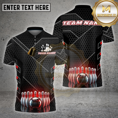Maxcorners Bowling Shirt Black Red Hexagon Tech Pattern Multi Options Personalized Name, Team Name 3D Shirt