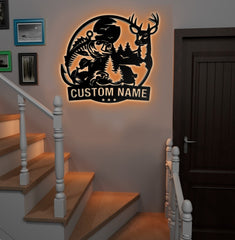 Maxcorners Personalized Deer and Fish Hunting Metal Sign WITH LED/WITHOUT LED, Rustic Cabin Wall Decor, Wildlife Outdoor Lodge Gift LM0110