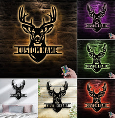Maxcorners Personalized Buck Hunting Metal Sign WITH LED/WITHOUT LED Light Rustic Deer Head Wall Art Hunter Gift Cabin Man Cave Decor LM0110