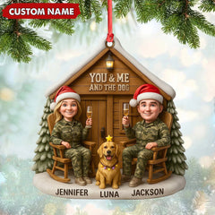 Maxcorners Personalized Hunter Couple Dog Christmas Ornament, Custom Name “You and Me and the Dog” Cabin, Cute Hunting Family Pet Lover Gift