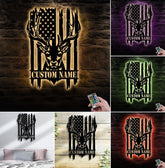 Maxcorners Personalized Vertical American Flag Deer Hunting Metal Sign WITH LED/WITHOUT LED Light Rustic Lodge Wall Decor LM0110