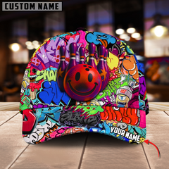 Maxcorners Bowling Graffiti Funny Smiley Multicolor Personalized Name 3D Cap