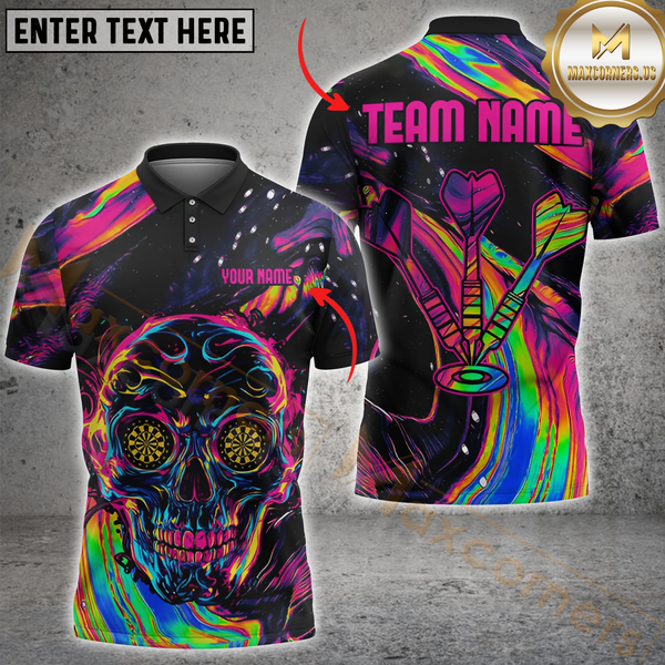 Maxcorners Darts Neon Skull Multicolor Personalized Name, Team Name 3D Shirt