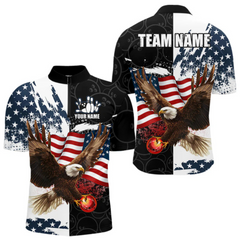 Maxcorners Red, White, Blue American Flag Eagle Men Bowling Shirt Custom Patriotic Black Camo Bowling Team Jersey LM184
