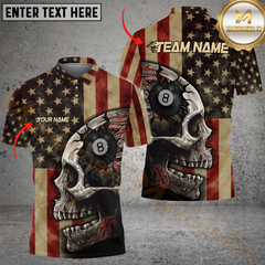 Maxcorners Billiard USA Flag Skull 8 Ball Grunge Style Customized Name, Team Name 3D Unisex Shirt