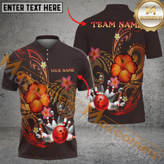 Maxcorners Ball And Pins Flower Pattern Premium Bowling Jersey Multicolor Option Customized Name, Team Name 3D Polo Shirt