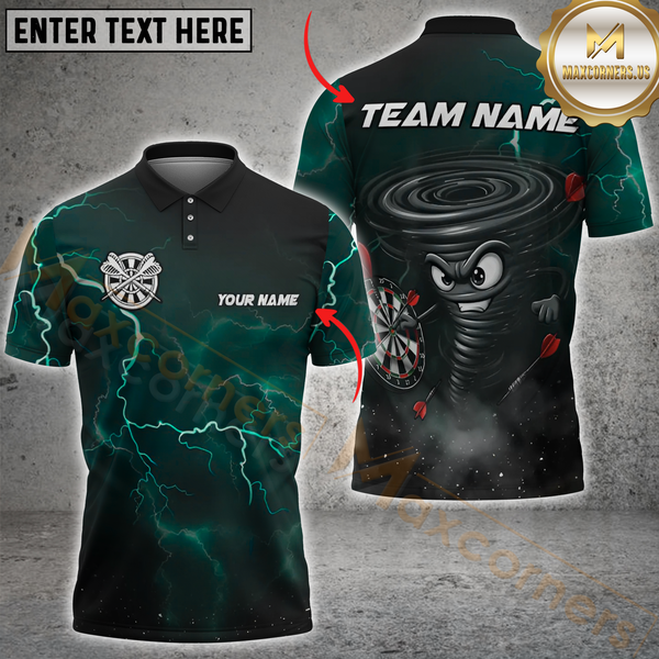 Maxcorners Darts Funny Thunder Lightning Tornado Multicolor Option Customized Name, Team Name 3D Polo Shirt
