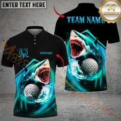 Maxcorners Shark Attack Golf Polo Shirt, Custom Name & Team Name 3D Shirts