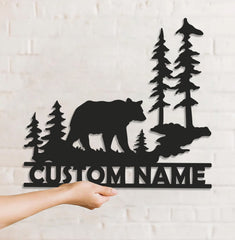 Maxcorners Personalized Bear Metal Sign WITH LED/WITHOUT LED - Rustic Cabin Name Sign, Wildlife Forest Wall Art for Lodge & Outdoor Decor LM0110