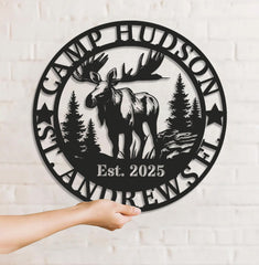 Maxcorners Personalized Moose Metal Sign WITH LED/WITHOUT LED - Rustic Cabin Name Sign, Wildlife Wall Art for Lodge, Camp & Outdoor Decor LM0110