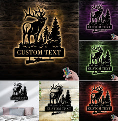 Maxcorners Personalized Elk Hunting Metal Sign WITH LED/WITHOUT LED Light Deer Forest Scene Custom Name Rifle Wall Art Hunter Gift LM0110