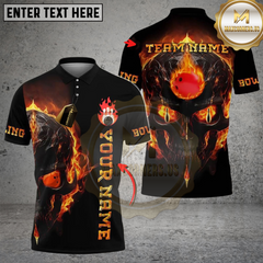 Maxcorners Bowling And Pins Flame Skull Light Pattern Customized Name, Team Name 3D Shirt (4 Colors)