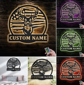 Maxcorners Custom Name American Flag Deer Hunting Metal Sign WITH LED/WITHOUT LED Light Rustic Lodge Wall Decor LM0110