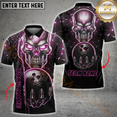 Maxcorners Bowling Cyber Skull Neon Glow Strike Multicolor Customized Name, Team Name 3D Polo Shirt