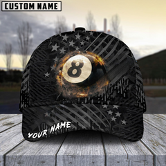 Maxcorners Billiard Ball 8 Fire Black US Flag Personalized Name 3D Cap