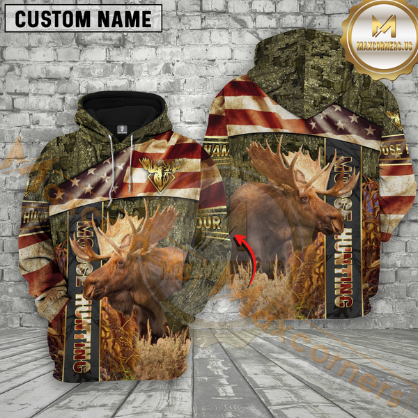 Maxcorners Premium Moose Hunting American Flag Pullover 3D Full Print Hoodie Best Gift For Hunter (Multicolor)