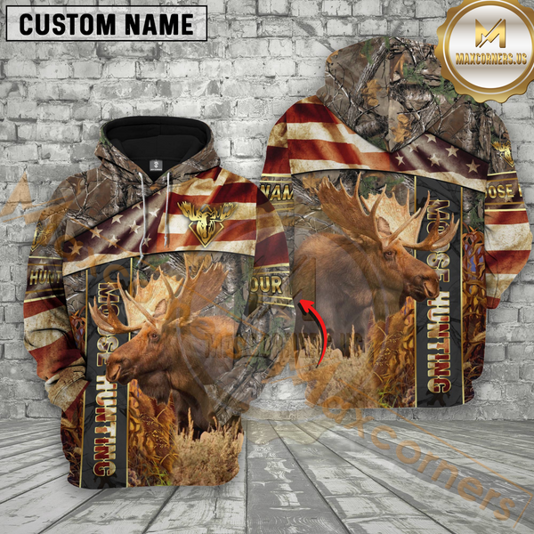 Maxcorners Premium Moose Hunting American Flag Pullover 3D Full Print Hoodie Best Gift For Hunter (Multicolor)