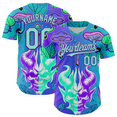 Maxcorners Custom Blue Ice Blue-Purple 3D Pattern Design Trippy Magic Mushrooms Demon Skull Premium Baseball Jersey LM0210