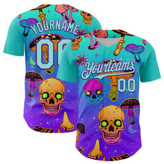 Maxcorners Custom Blue Ice Blue-Purple 3D Pattern Design Trippy Magic Mushrooms Skull Authentic Baseball Jersey
LM0609