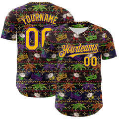 Maxcorners Custom Black Gold-Purple 3D Pattern Design Mardi Gras Shrove Tuesday Premium Baseball Jersey LM0210