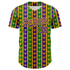 Maxcorners Custom Green Purple-Gold 3D Pattern Design Mardi Gras Shrove Tuesday Premium Baseball Jersey LM0210