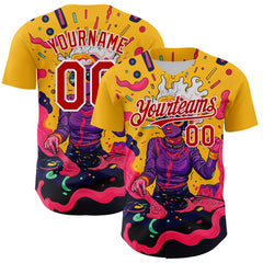 Maxcorners Custom Gold Red-White 3D Pattern Design Rave Party Trippy Disco Premium Baseball Jersey LM0210