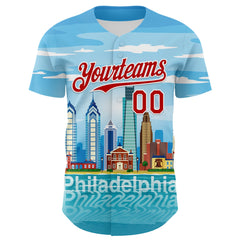 Maxcorners Custom Blue Red-White 3D Pattern Design Philadelphia Cityscape Skyline Premium Baseball Jersey LM0210