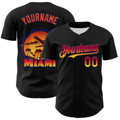 Maxcorners Custom Black Orange-Dark Purple 3D Pattern Design Gradient Miami Cityscape Sunset Premium Baseball Jersey LM0210