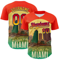 Maxcorners Custom Orange Green Yellow-Dark Purple 3D Pattern Design Gradient Miami Cityscape Sunset Authentic Baseball Jersey
LM0609