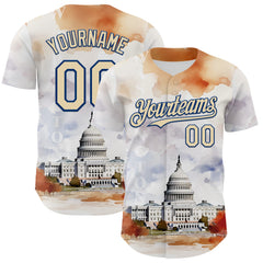 Maxcorners Custom White Cream-Royal 3D Pattern Design Washington Cityscape United States Capitol Premium Baseball Jersey LM0210