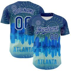 Maxcorners Custom Blue Royal-White 3D Pattern Design Atlanta Cityscape Fireworks Authentic Baseball Jersey LM0609