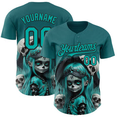 Maxcorners Custom Blue Aqua-Black 3D Halloween Spooky Skull Authentic Baseball Jersey
LM0609