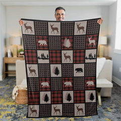 Maxcorners Rustic Hunting Cabin Fleece Blanket – Deer, Bear & Pine Tree - Cozy Gift for Hunters & Nature Lovers LM1611