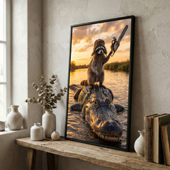 Maxcorners Raccoon Riding Alligator Holding Chainsaw at Sunset Canvas Wall Art