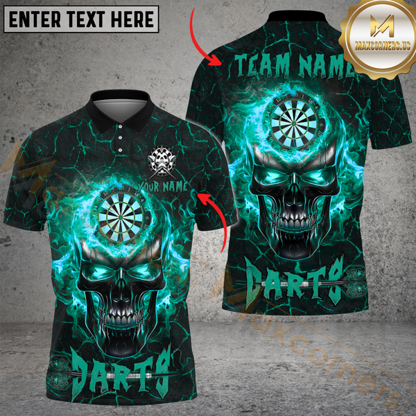 Maxcorners Darts Magma Flame Skull Multicolor Option Customized Name, Team Name 3D Polo Shirt