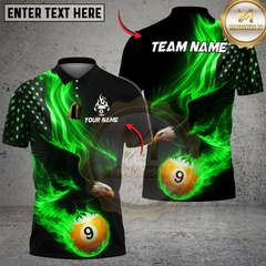 Maxcorners Billiards Ball 9 Eagle Flag Flame Personalized Name Shirt (4 Colors)