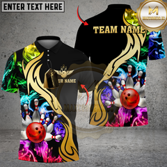 Maxcorners Bowling And Pins Multicolor Golden Smoke Pattern Customized Name 3D Shirt