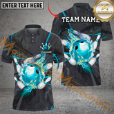 Maxcorners Bowling & Pins Strike Flame Multicolor Option Customized Name, Team Name 3D Polo Shirt (4 Colors)