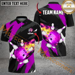 Maxcorners Flaming Throw Bowling Jersey Multicolor Option Customized Name, Team Name 3D Polo Shirt